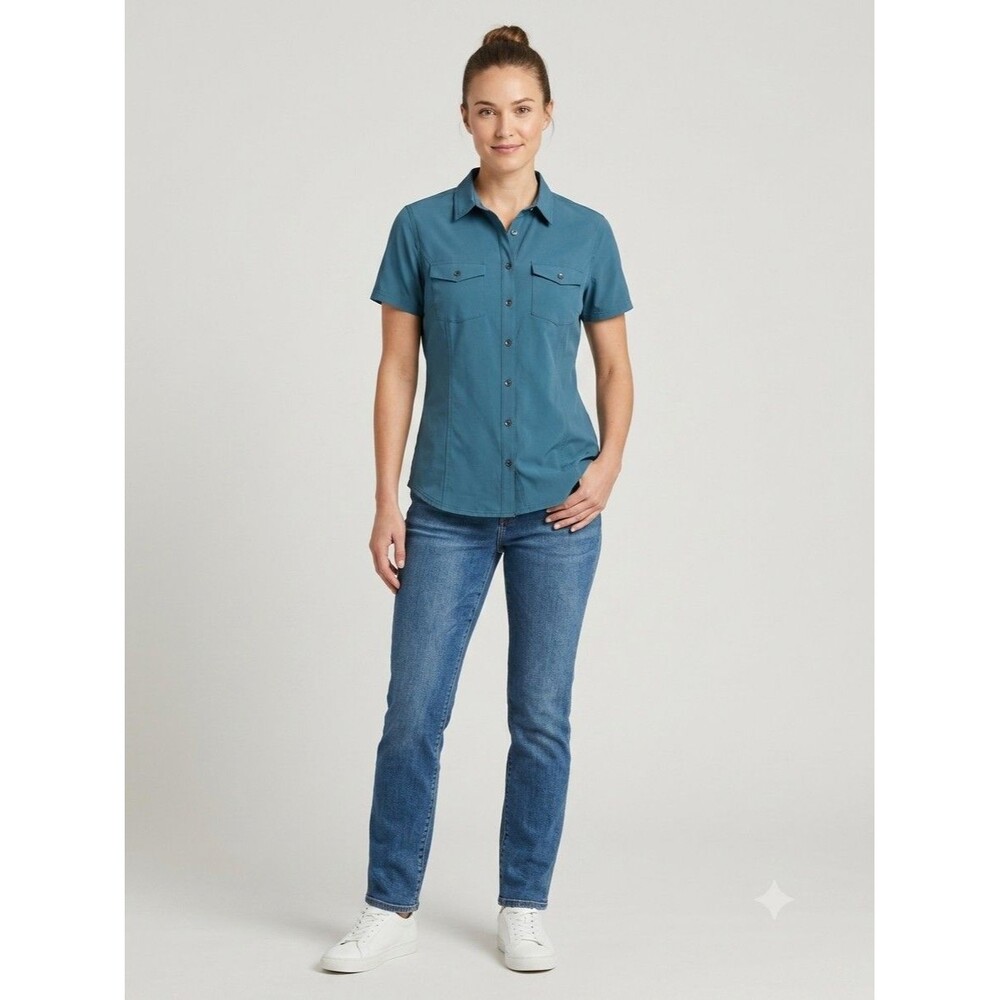 Eddie Bauer Women L Blue Short Gorpcore Sleeve Collared Button-Up Shirt Pockets
